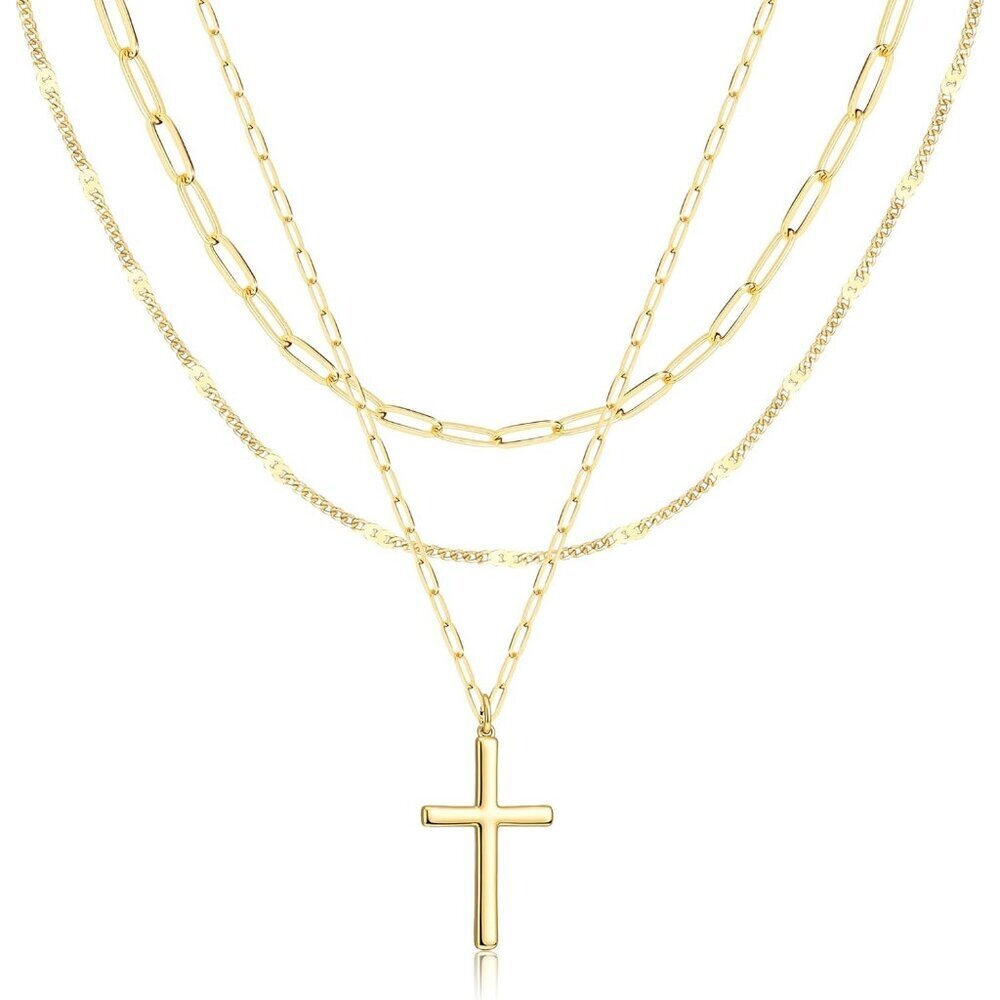 Women's Gold Cross Layered Necklaces Simple Paperclip Choker Dot Chain Jewelry